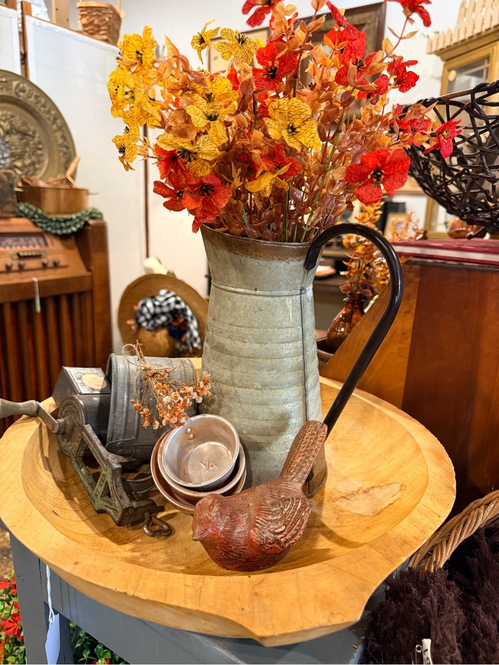 Rustic Metal Pitcher Vase with Autumn Floral Accents Bundle
